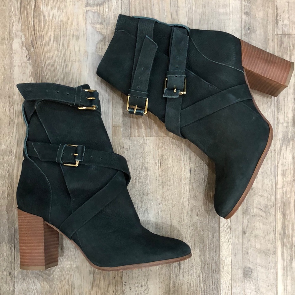 kate spade Dark Green Suede Ankle Boots with Gold Buckles